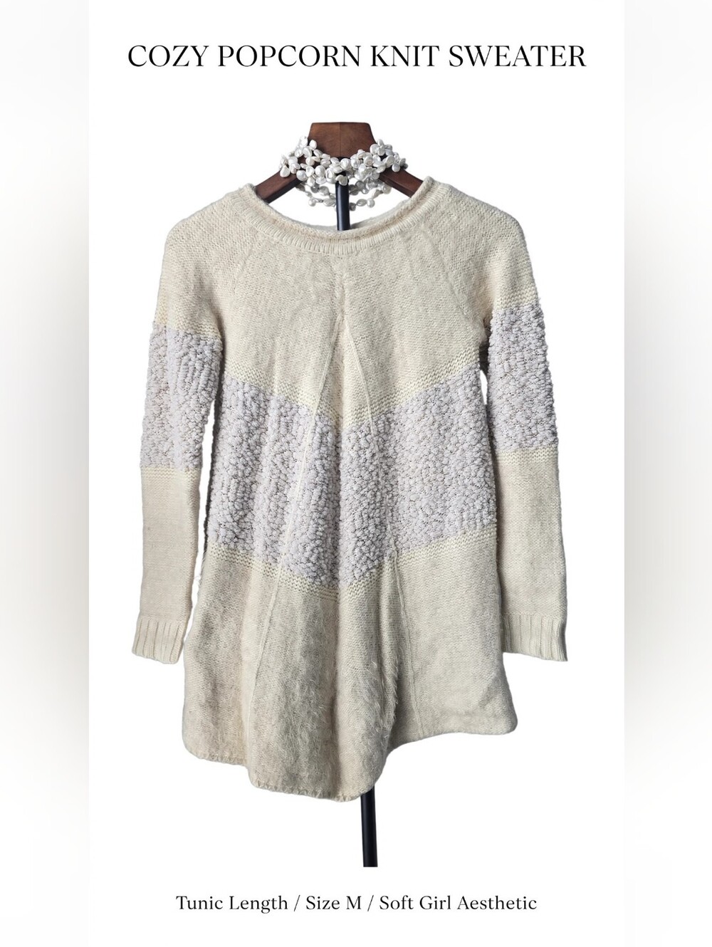 ARS Cream Popcorn Knit Sweater Size M Fuzzy Tunic Soft Girl Cozy Winter Fall